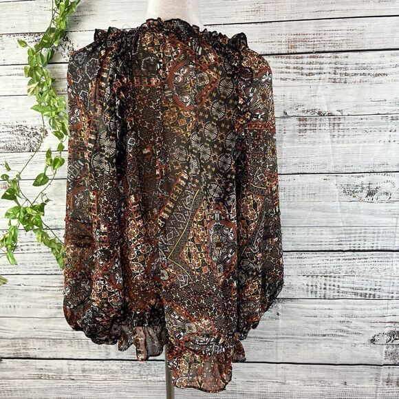 Miss Me Blouse Tunic size Small Black Brown Retro Sheer Ruffles Boho Peasant - Picture 12 of 13